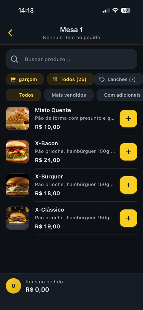 App do garçom da SPKR lançando o pedido da Mesa 1, com os produtos e o botão de adicionar